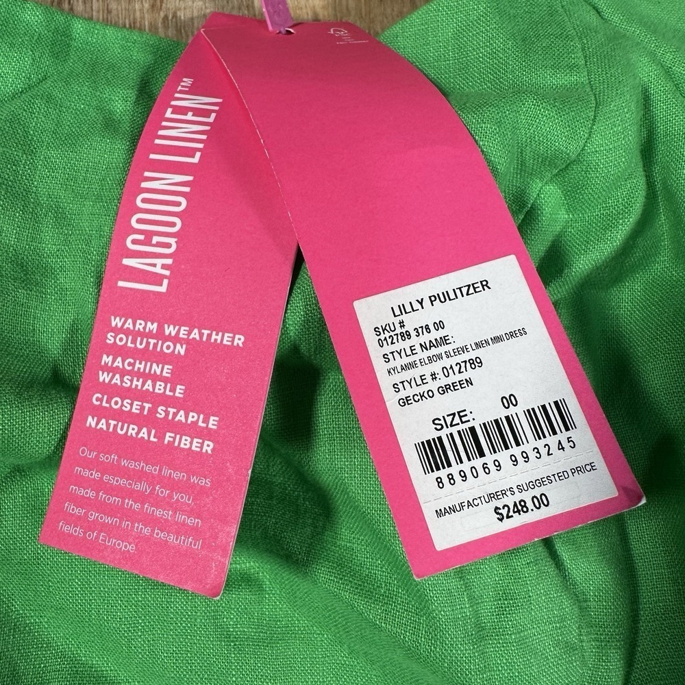 NWT Lilly Pulitzer Kylanne Balloon Sleeve Linen Size 00 Mini Dress Gecko Green - Picture 2 of 4